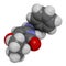 Mavacamten drug molecule. 3D rendering. Atoms are represented as spheres with conventional color coding: hydrogen white, carbon