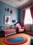 Maximalist baby girl room blue terracotta cantaloupe.