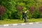 May 12, 2023 Balti, Moldova. Illustrative editorial. Landscapers removing grass