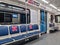 May 2020, Moscow, metro. Empty subway cars. Moscow is in quarantine. The inscriptions on the seats