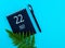 May 22th. Day 22 of month, Calendar date. Black notepad sheet, pen, fern twig, on a blue background