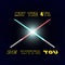 May the 4th be with you lettering with two crossed futuristic swords on starry background. Vector.
