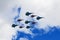 May 7, 2021, Russia, Moscow. A group of Air Force jet fighters Swifts and Russian Vityaz perform demonstration flight in