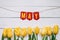 May paper garland lettering, text, letters, inscription. Yellow tulips border frame on white wooden planks rustic barn rural table
