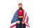 May your Independence day be filled with love and pride. Confident worker wearing american flag with pride. Bearded man