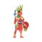 Maya male warrior in traditional costume and feather headdress standing with spear and shield cartoon vector