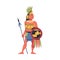 Maya man in traditional costume and headwear standing with spear and shield cartoon vector illustration