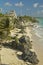 Mayan ruins of Ruinas de Tulum (Tulum Ruins) in Quintana Roo, Mexico. El Castillo is pictured in Mayan ruin in the Yucatan