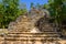 Mayan ruins in shadow of trees in jungle tropical forest Playa del Carmen, Riviera Maya, Yu atan, Mexico