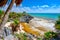 Mayan ruins on top of a cliff and a beautiful beach at Tulum in Mexico