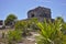 Mayan stone ruins seen through bushes in Tulum Mexico.