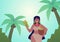 Mayan woman standing under palm trees, flat vector illustration.