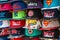 Mayen, Germany 14.10.2018 Baseball team and comic cap store with different colorful logo caps for sale