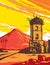 Mayon Volcano and Cagsawa Ruins Bell Tower Albay Philippines WPA Art Deco Poster