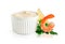 Mayonnaise bowl and ingredients isolated on white with clipping path. Design element for product label, catalog print.