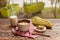 Mazamorra cup with panela pieces, milk bottle and cobs