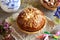 Mazanec, traditional Czech sweet Easter pastry, with spring flowers and pomlazka