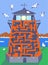 Maze game, activity for children. Vector illustration. Find paths for the lighthouse keeper to climb up to the lantern.