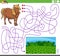 Maze game with cartoon horse farm animal character and pasture