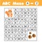 Maze game for children. Help squirrel go through labyrinth. Fun page for toddlers and kids. Learn English alphabet