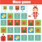 Maze game. Kids activity sheet. Logic labyrinth with code navigation. New Year, Christmas theme