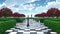 Maze garden 3d render illustration. Chess, trees with red flowers and clouds in the sky. Alice in wonderland theme.