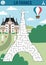 Maze for kids with Eiffel Tower. French preschool printable activity for children with main Paris landmark. Geometric labyrinth