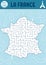 Maze for kids with map of France. French preschool printable activity for children. Geometric labyrinth game or puzzle with