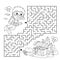 Maze or Labyrinth Game. Puzzle. Coloring Page Outline Of cartoon boy scuba diver with chest of treasure. Marine photography or