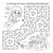 Maze or Labyrinth Game. Puzzle. Coloring Page Outline Of cartoon boy scuba diver with chest of treasure. Marine photography or