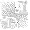 Maze or Labyrinth Game. Puzzle. Coloring Page Outline Of cartoon lorry or dump truck. Elevating crane on build. Construction