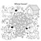 Maze or Labyrinth Game. Puzzle. Tangled road. Coloring Page Outline Of cartoon dogs with doghouse or kennel. Whose house ?