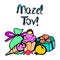 Mazel Tov inscription Hebrew translation I wish you happiness. Gift, piece of cake, ice cream, candy, apple. Birthday card.