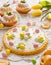 Mazurek pastry, traditional Polish Easter cake made of shortcrust pastry with  white chocolate cream, decorated with marzipan eggs