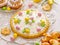Mazurek pastry, traditional Polish Easter cake made of shortcrust pastry with  white chocolate cream, decorated with marzipan eggs