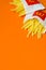 McDonald`s French fries in small paperbag on bright orange background