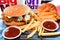 McDonald`s Large Fried Chicken Hamburger Menu + French Fries and Coke Drinks