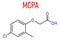 MCPA , 2-methyl-4-chlorophenoxyacetic acid herbicide molecule. Skeletal formula.