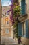 Mdina, Malta: traditional Maltese limestone house with bright purple flowers