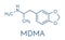 MDMA XTC, E, ecstasy party drug molecule. Full chemical name is 3,4-methylenedioxymethamphetamine. Skeletal formula.