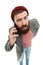 For me blogging is just like talking. Hipster holding smartphone for mobile blogging. Bearded man blogging on popular