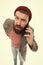 For me blogging is just like talking. Hipster holding smartphone for mobile blogging. Bearded man blogging on popular