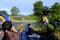 Me and family Tent camping in the rain forest near the stream in Sangkhlaburi, Kanchanaburi, Thailand on May 6, 2018.