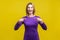 This is me! Portrait of joyous winner, excited businesswoman pointing at herself.  on yellow background