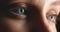 ME18-02-R-50. Facial recognition, eyes and focus closeup of woman looking up for security verification access. Zoom of