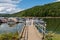 Mead Township, Pennsylvania, USA August 3, 2021 A metal walkway leading to docks at the Kinzua Wolf Run Marina in the Allegheny Na