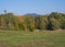 Meadow with autumn colorful forest and trees and hills with lookout tower and blue sky landscape in luzicke hory