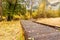 Meadow with boardwalk in Yosemite National Park Valley at autumn