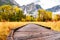 Meadow with boardwalk in Yosemite National Park Valley at autumn