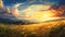 a meadow dominated by the gentle sway of wheatgrass, illuminated by the soft rays of the setting sun